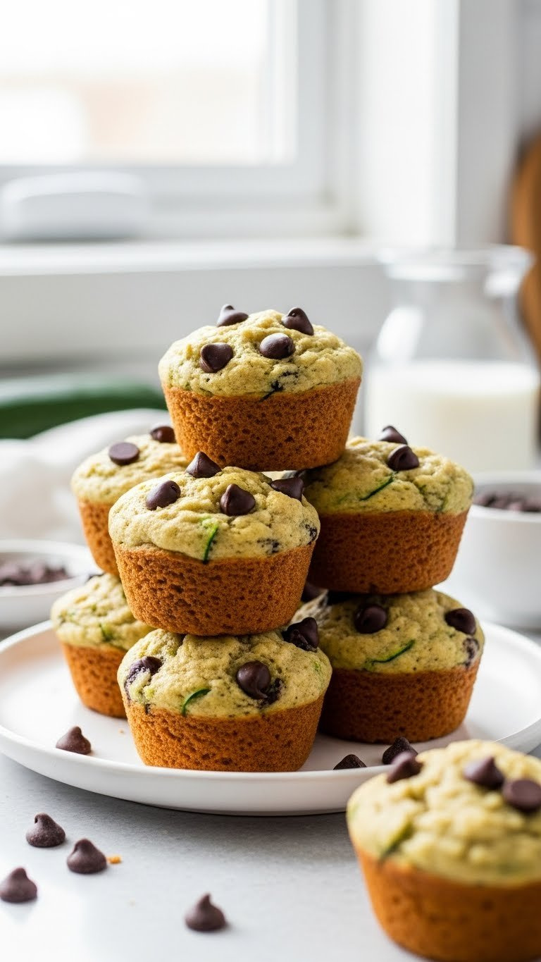 Stack Of Paleo Zucchini Muffins With Chocolate Chips On White Ceramic Plate With Soft Bokeh Background