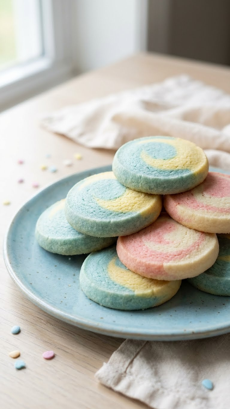 Stack Of Perfectly Baked Round Butter Cookies Featuring A Mesmerizing Blue Ombre Swirl, Garnished With Sprinkles On A Wooden Table.