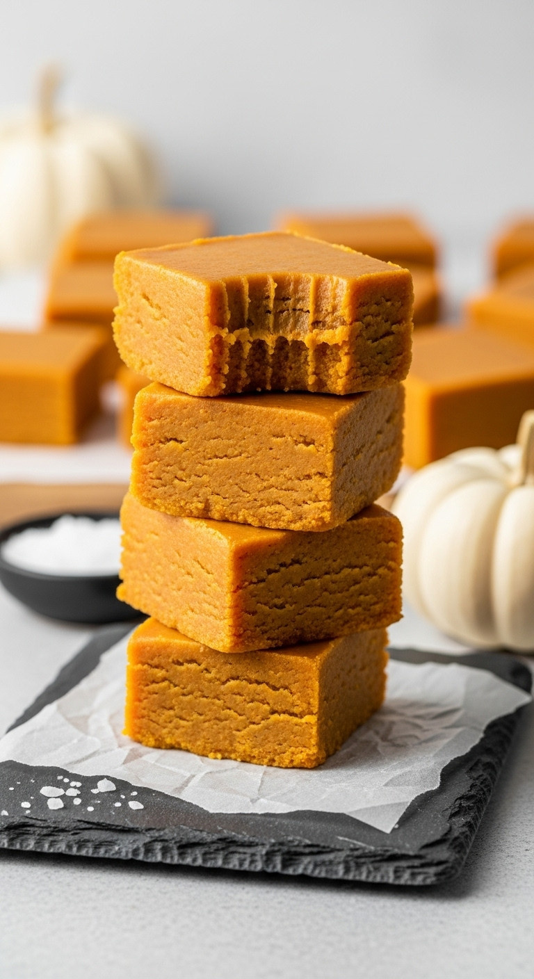 Stack Of Perfectly Cut Square Pieces Of Rich Orange Pumpkin Fudge On Parchment Paper On A Slate Cheese Board