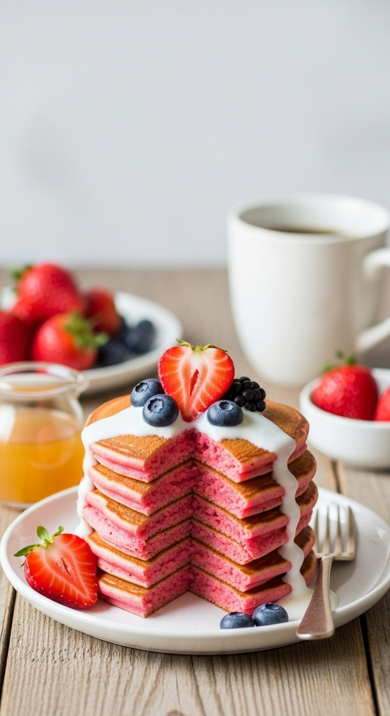 Stack Of Pink Heart-Shaped Pancakes With Yogurt &Amp; Berries On White Plate, Rustic Table, Warm Light. Healthy Breakfast.