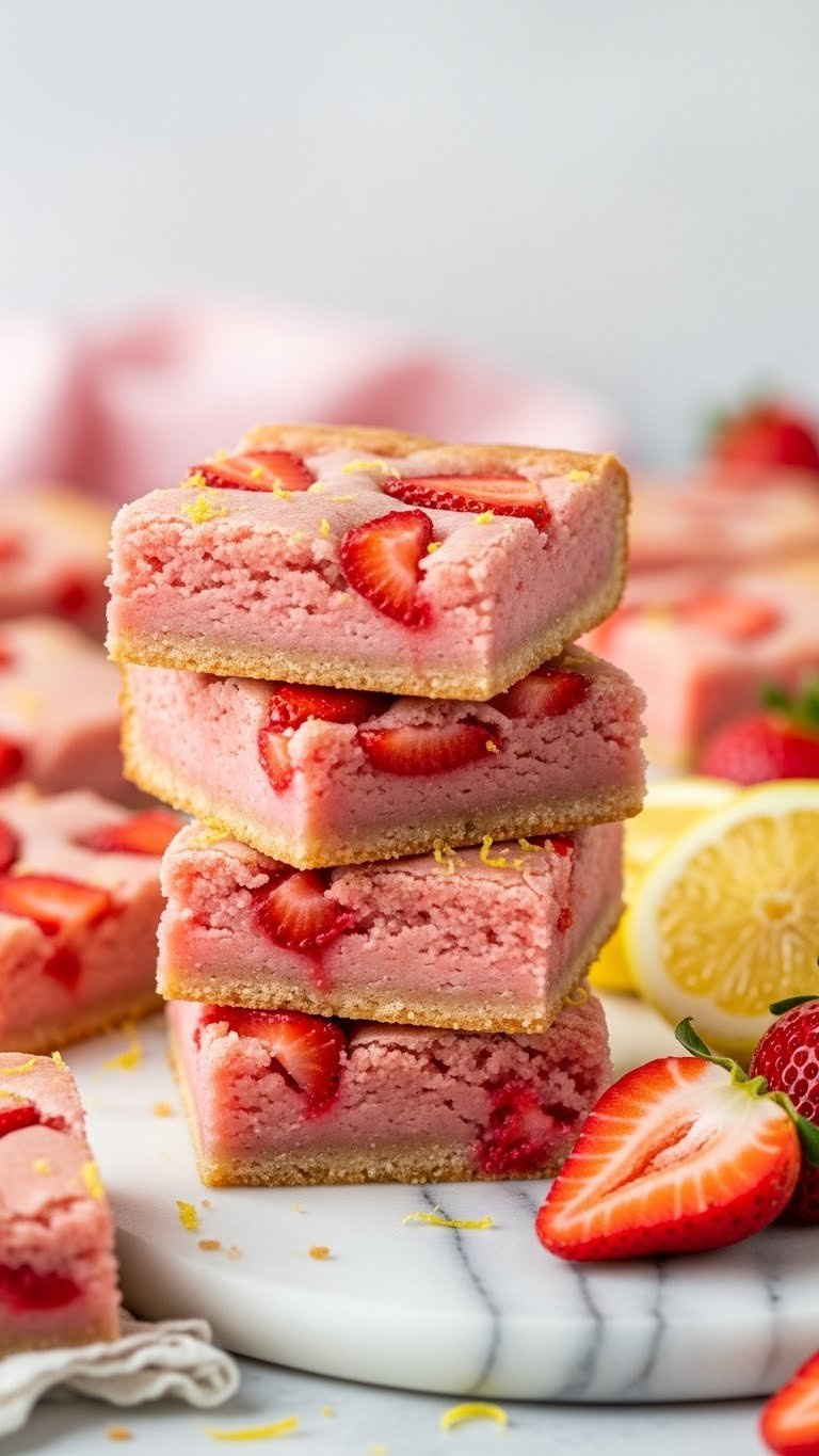 Stack Of Pink Strawberry Lemon Blondies With Chewy Texture And Fresh Strawberry Pieces On Marble Countertop