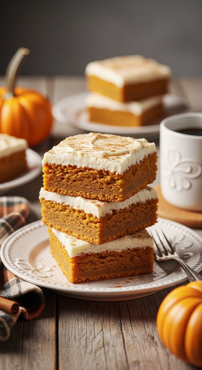 Stack Of Pumpkin Bars With Thick Cream Cheese Frosting And Cinnamon On A White Ceramic Plate On A Wooden Table