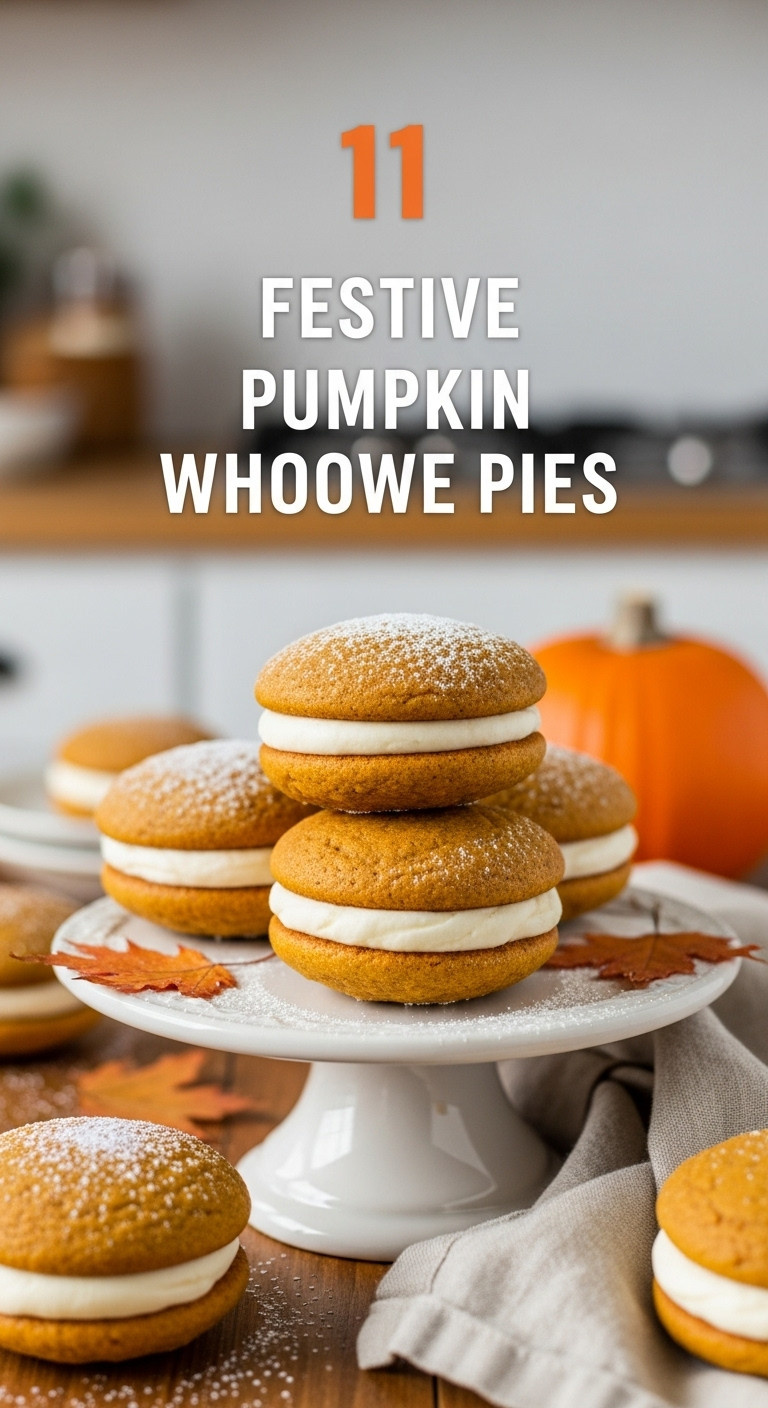 Stack Of Pumpkin Whoopie Pies With Cream Cheese Filling On Vintage Stand. Blurred Autumn Decor. Festive Halloween Dessert.