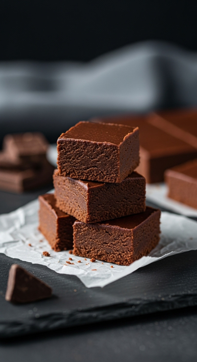 Stack Of Rich, Dark Chocolate Fudge Squares On Parchment Paper, Showing Smooth, Dense Texture And Glossy Finish, Cozy Warm Light.
