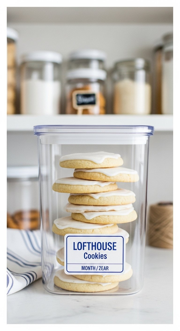Stack Of Soft Frosted Lofthouse Sugar Cookies Neatly Arranged Inside A Clear Airtight Storage Container.