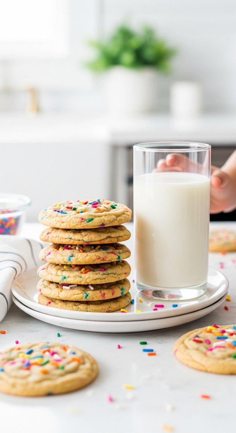 Stack Of Soft Funfetti Cookies With Colorful Sprinkles Served On A Plate With Milk.