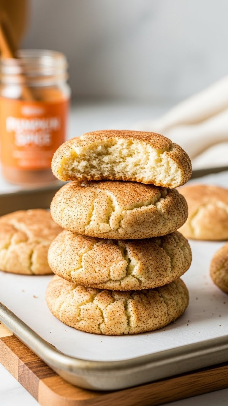Stack Of Soft Pumpkin Spice Snickerdoodles With Cinnamon-Sugar Coating On Parchment, Blurred Kitchen Counter, Spice Jar.