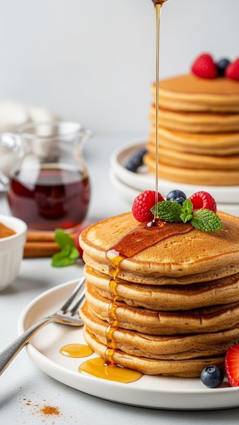 Stack Of Thick, Fluffy Golden-Brown Pancakes With Maple Syrup And Fresh Berries On A White Plate.