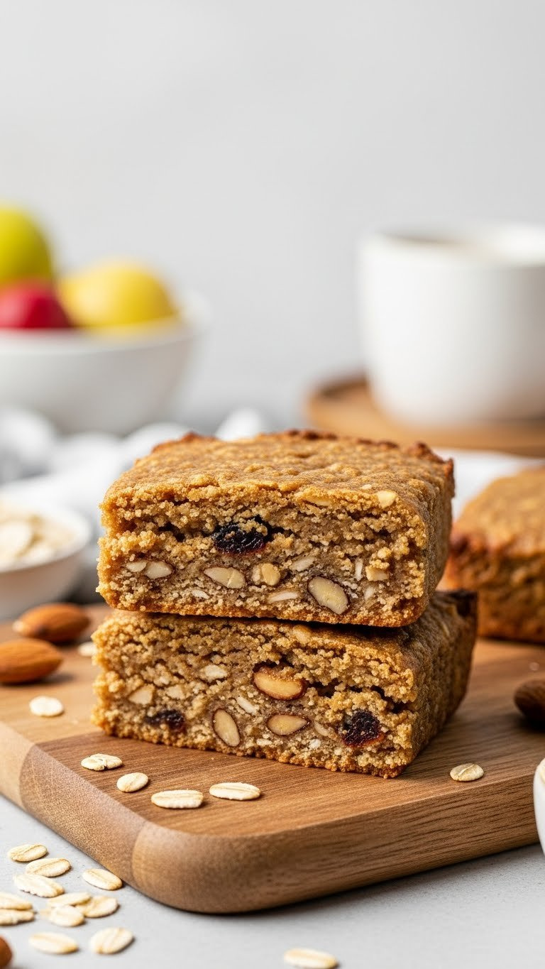 Stack Of Thick Golden-Brown Applesauce Oatmeal Bars Cut Open To Show Dense Interior
