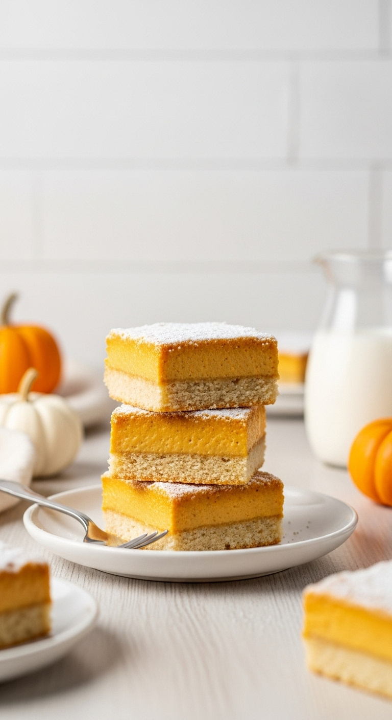 Stack Of Three Decadent Pumpkin Spice Gooey Bars With Powdered Sugar On A White Ceramic Plate With Milk And Mini Pumpkins In Bright Studio Light