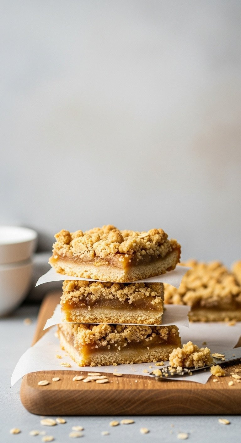 Stack Of Three Apple Crumble Bars: Buttery Shortbread, Spiced Apple Filling, Crunchy Topping, On A Wooden Board.