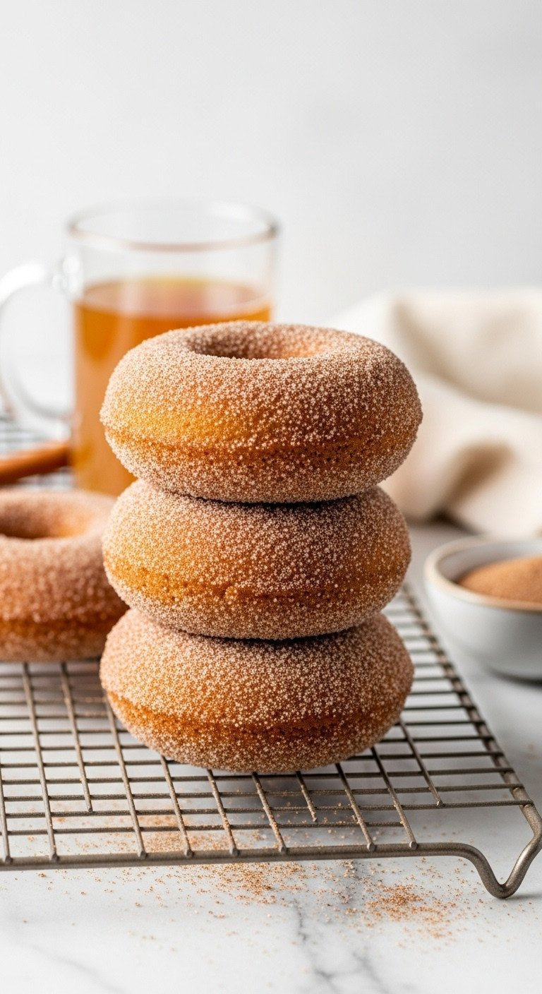 Stack Of Three Baked Apple Cider Doughnuts With Sparkling Cinnamon Sugar On A Cooling Rack. Cozy Autumn Treat.
