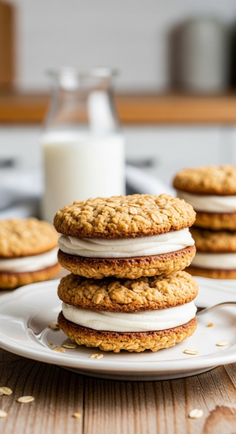 Stack Of Three Chewy Homemade Oatmeal Cream Pies With Fluffy Cream Filling On A Vintage Plate.