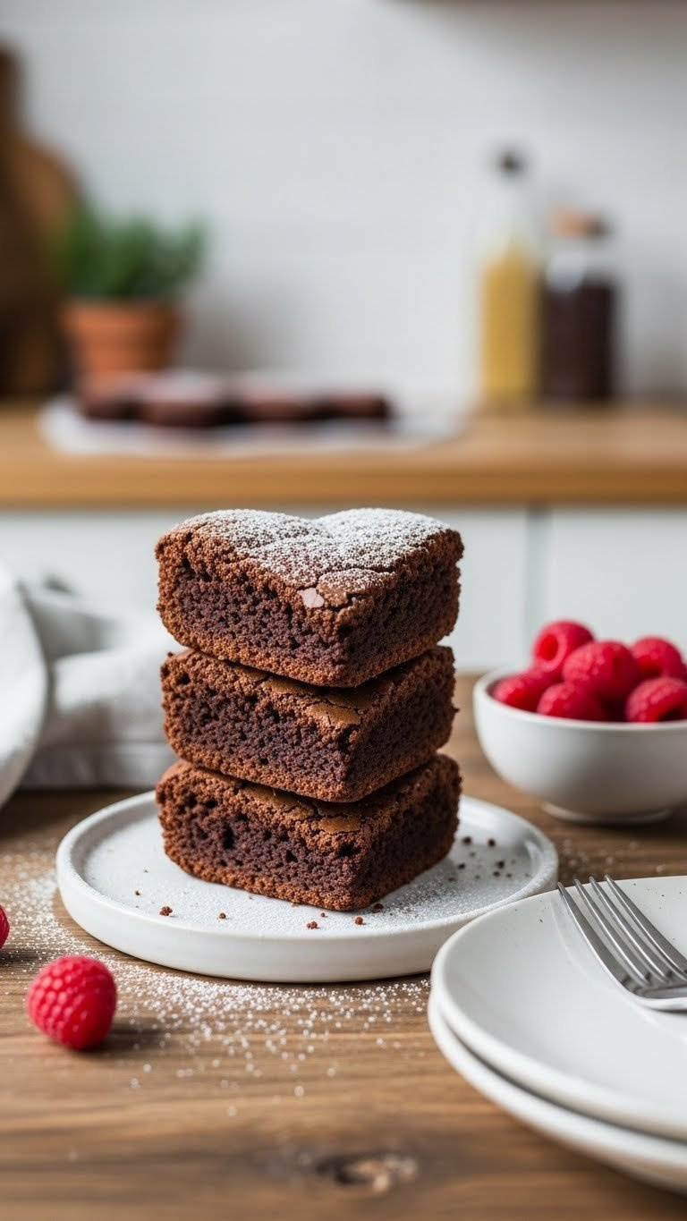 Stack Of Three Heart-Shaped Chocolate Brownies Dusted With Powdered Sugar On Rustic Wooden Table With Raspberries And Ceramic Plate