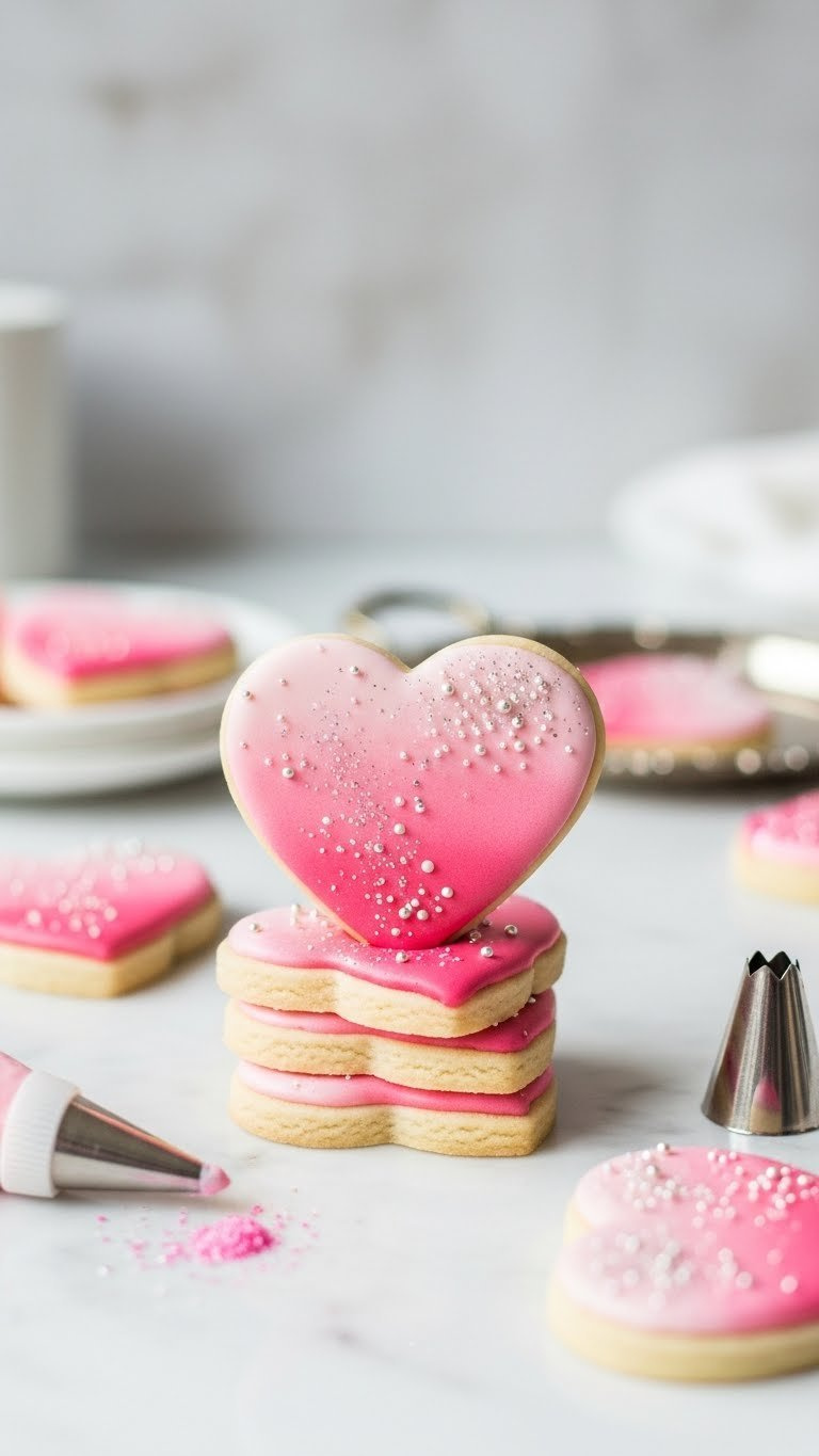 Stack Of Three Heart-Shaped Sugar Cookies With Pink Ombre Frosting And Edible Glitter On Marble Countertop