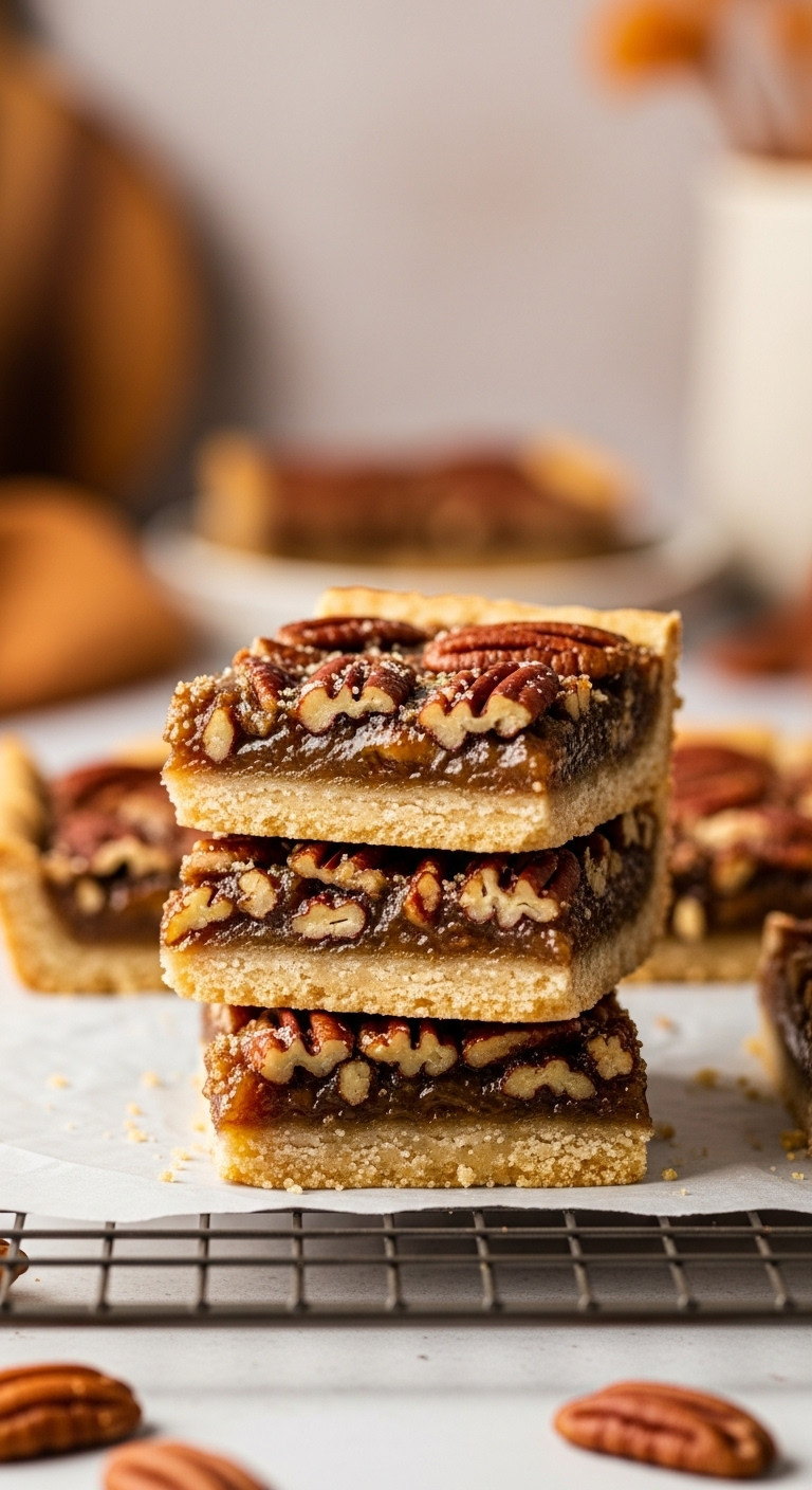 Stack Of Three Perfectly Baked Pecan Pie Bars On Parchment Paper, Showing Gooey Pecan Filling And Buttery Crust, Warm Golden Light.
