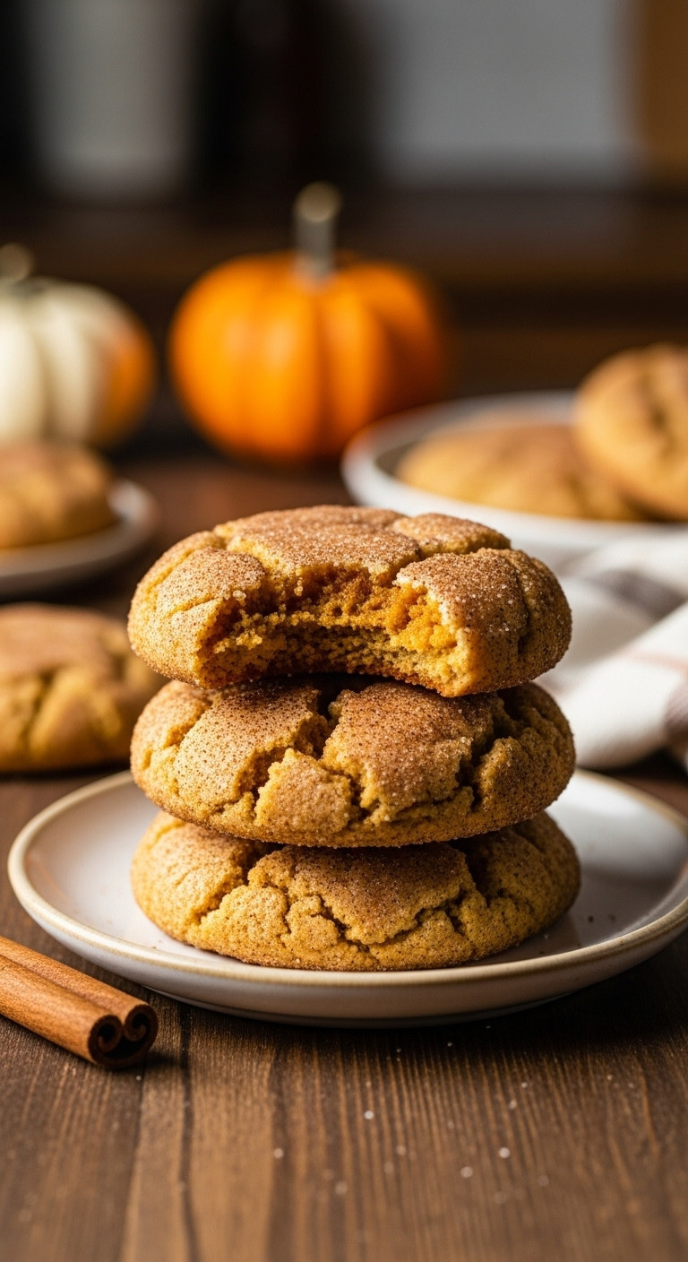 Stack Of Three Pumpkin Spice Snickerdoodle Cookies, One Bitten, On A Plate. Rustic Wood Table, Cinnamon, Golden Light, Cozy Fall Dessert.