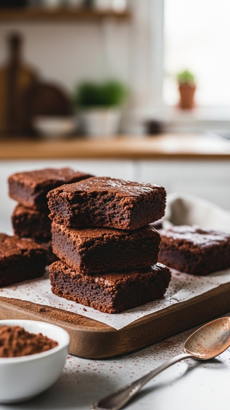 Stack Of Ultra-Fudgy Black Bean Brownies With Crackly Top And Cocoa Powder Dusting On Rustic Wooden Board