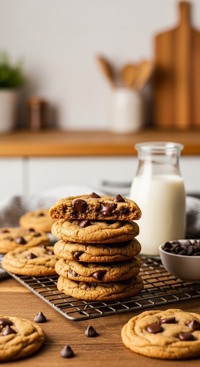 Stack Of Warm, Chewy Vegan Chocolate Chip Cookies On A Cooling Rack, With Melted Chocolate And Plant Milk, Cozy.
