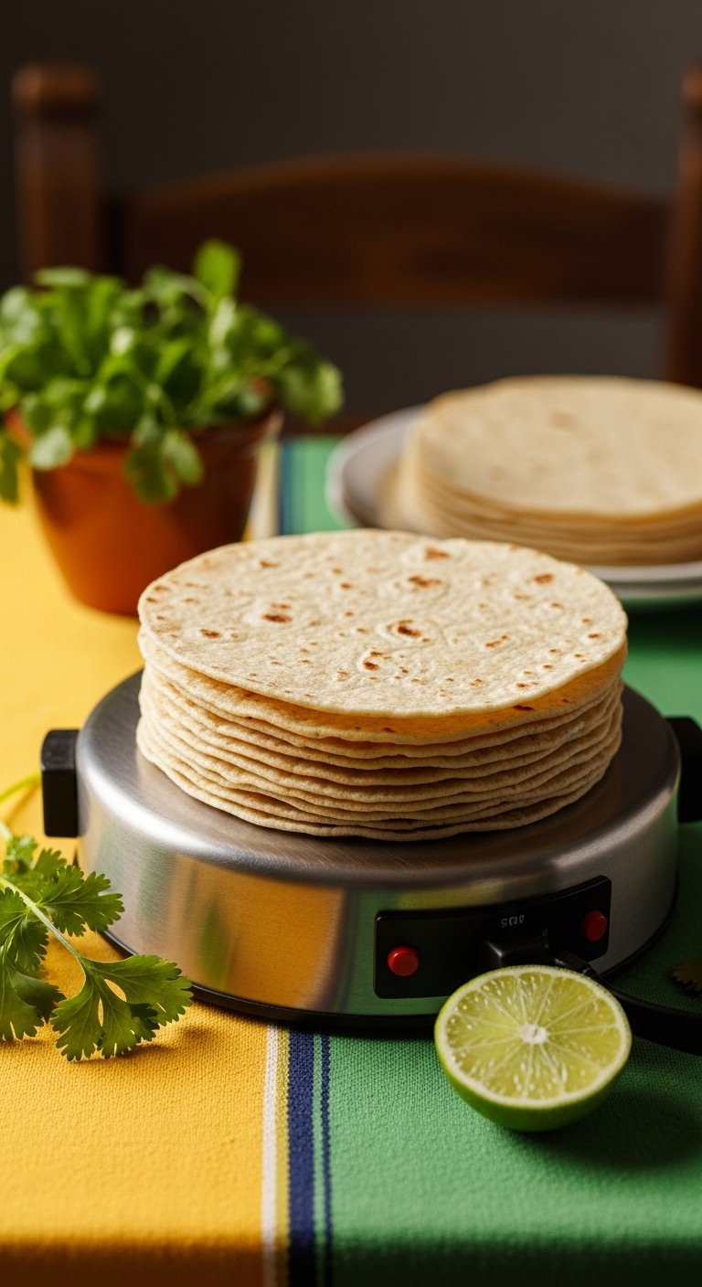Stack Of Warm Corn Tortillas In A Basket Garnished With Lime And Fresh Cilantro Sprigs.