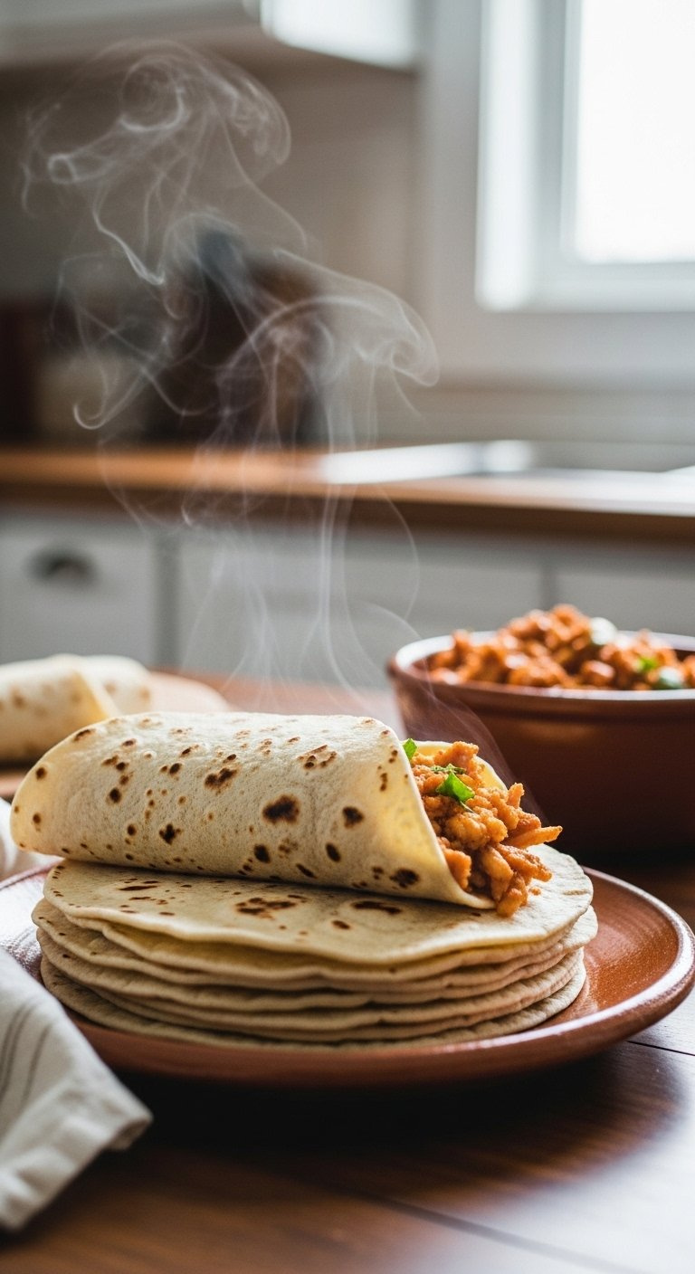 Stack Of Warm Corn Tortillas On A Terracotta Plate With Steam Rising Against A Blurred Kitchen Background.
