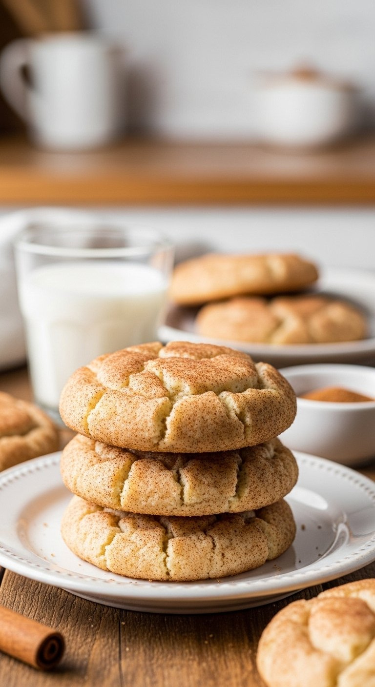 Stack Of Warm Snickerdoodle Cookies With Cracked Cinnamon Sugar Coating On A Vintage Plate Next To Milk.