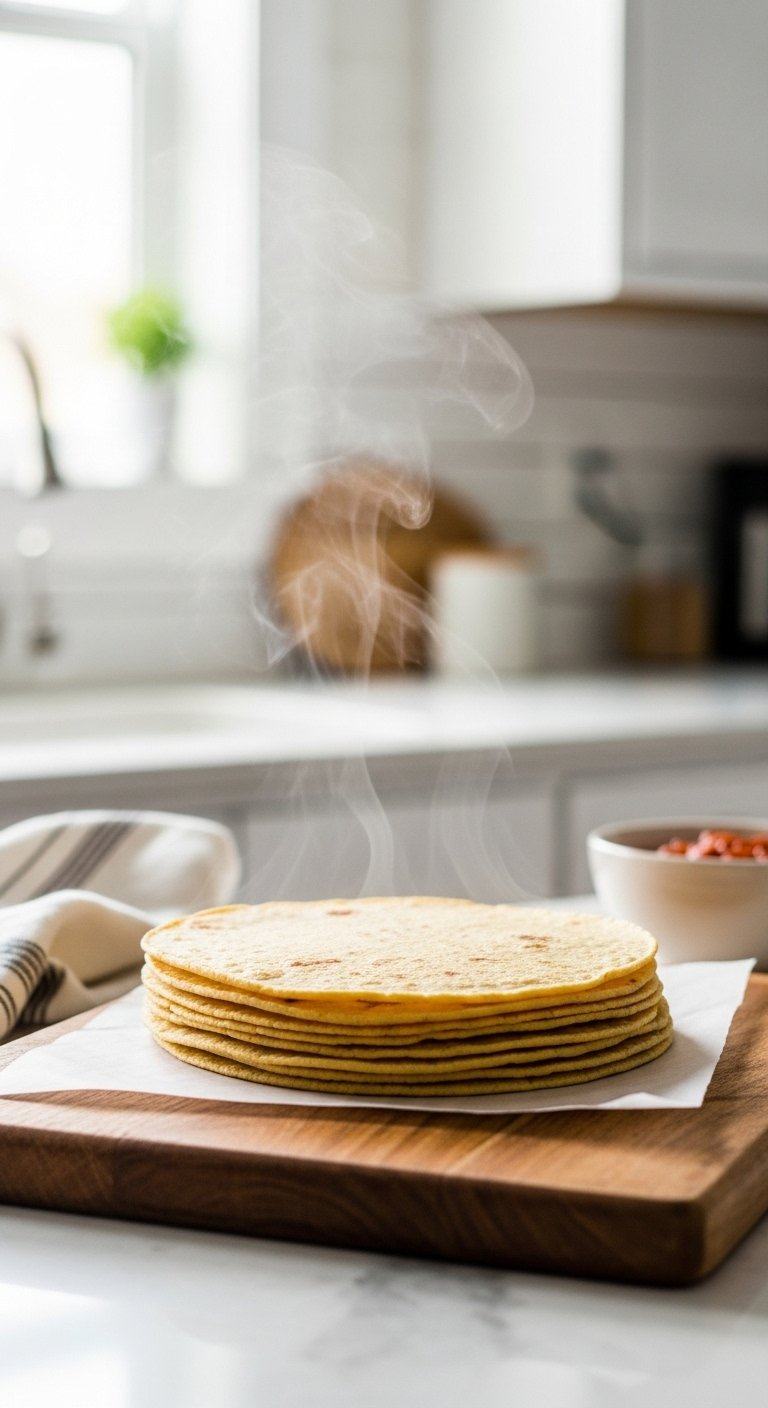 Stack Of Warm Soft Corn Tortillas Steaming On A Rustic Wooden Cutting Board Ready For Authentic Mexican Meals.