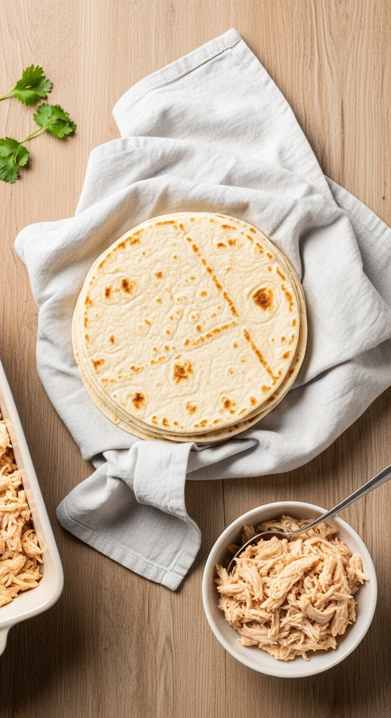 Stack Of Warm Soft Flour Tortillas Wrapped In A Damp Kitchen Towel On A Rustic Wooden Table.