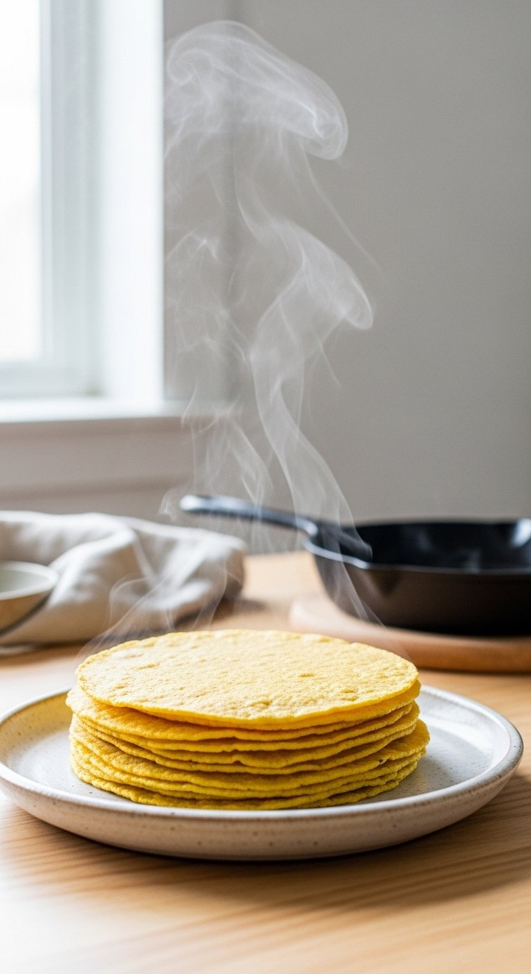 Stack Of Warm, Steam-Rising Soft Yellow Corn Tortillas Resting On A Handmade Ceramic Plate With A Cast-Iron Skillet Nearby.