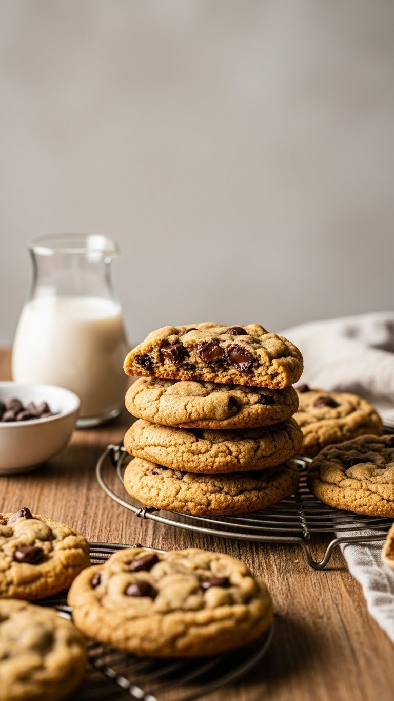 Stack Of Warm Vegan Chocolate Chip Cookies With Melted Chocolate On A Cooling Rack, Oat Milk Beside, Highlighting Chewy Texture.