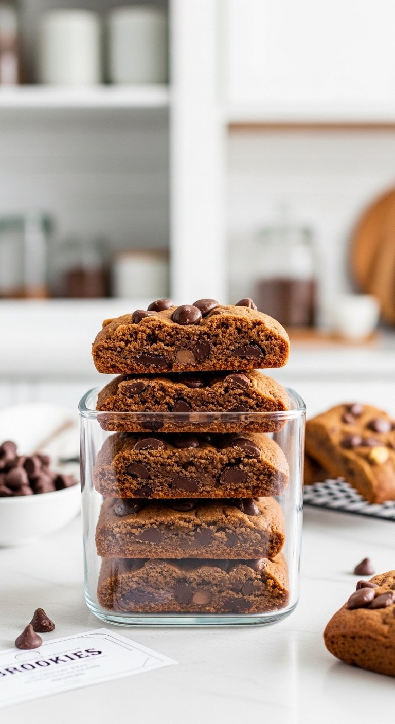 Stacked Brookie Bars Stored Neatly In A Clear Glass Airtight Container.