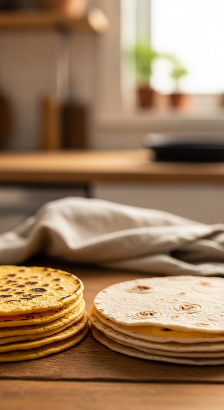 Stacked Corn And Flour Tortillas Resting On A Rustic Wooden Table Under Warm Golden Hour Light.