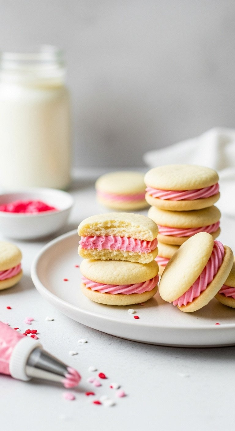 Stacked Cream Cheese Sandwich Cookies With Soft Pink Filling, Vanilla Cookies, Red Sprinkles, White Platter, Bright Light.