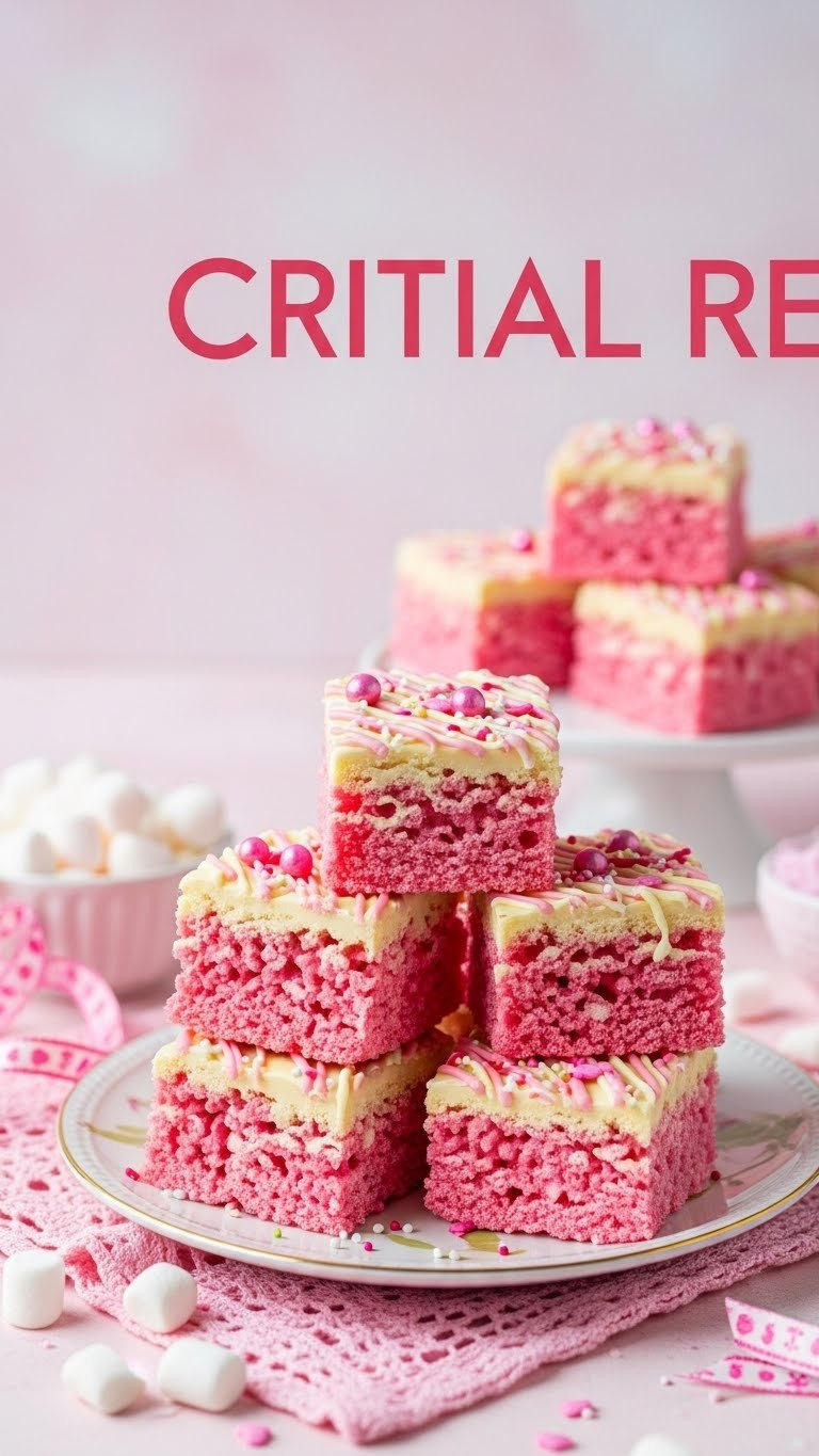 Stacked Pink Rice Krispie Treats Drizzled With White Chocolate Glaze And Sprinkles On Vintage Ceramic Plate With Lace Tablecloth.