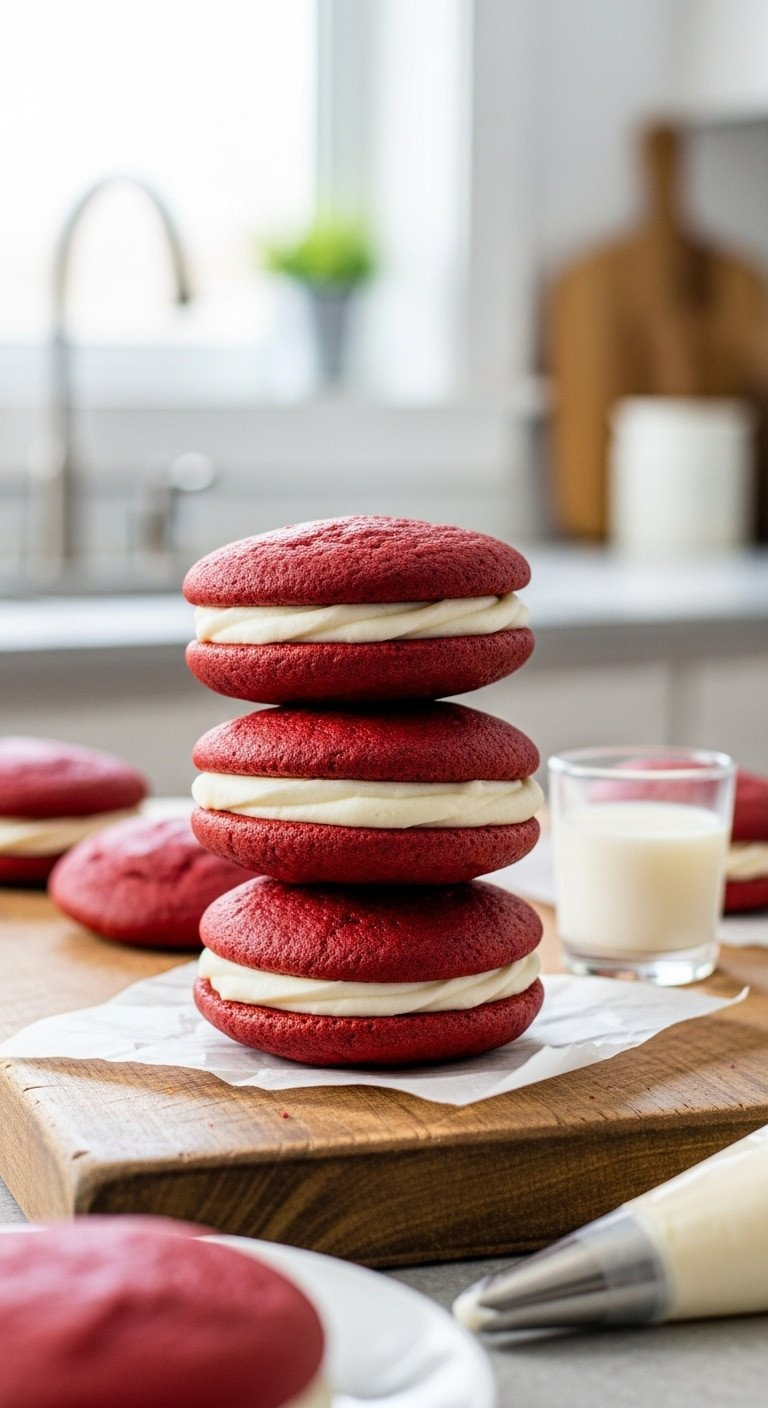 Stacked Red Velvet Whoopie Pies With Generous Cream Cheese Filling On A Wooden Board, Evoking A Homemade, Cozy Feel.