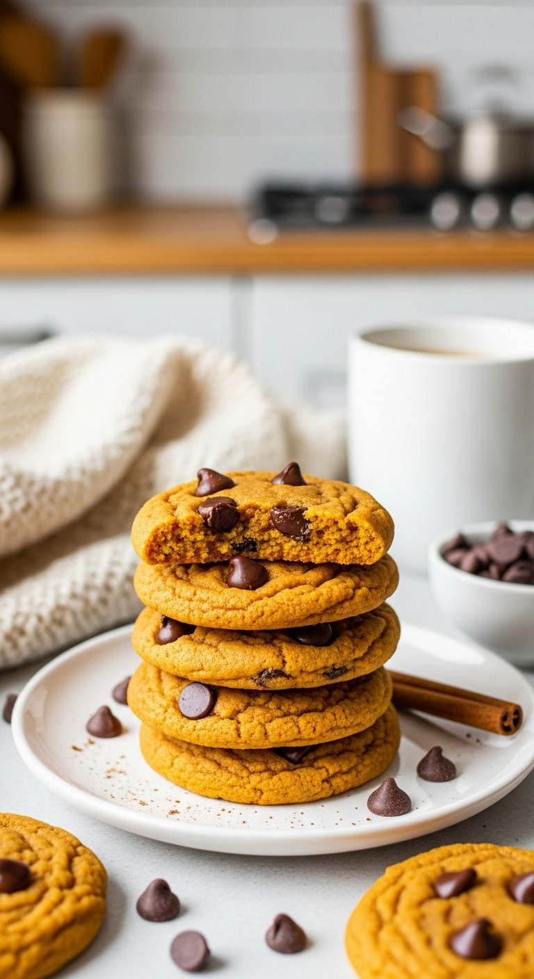 Stacked Soft Pumpkin Chocolate Chip Cookies With Melted Chips, Spiced Dough, On White Plate, Coffee, Cinnamon.