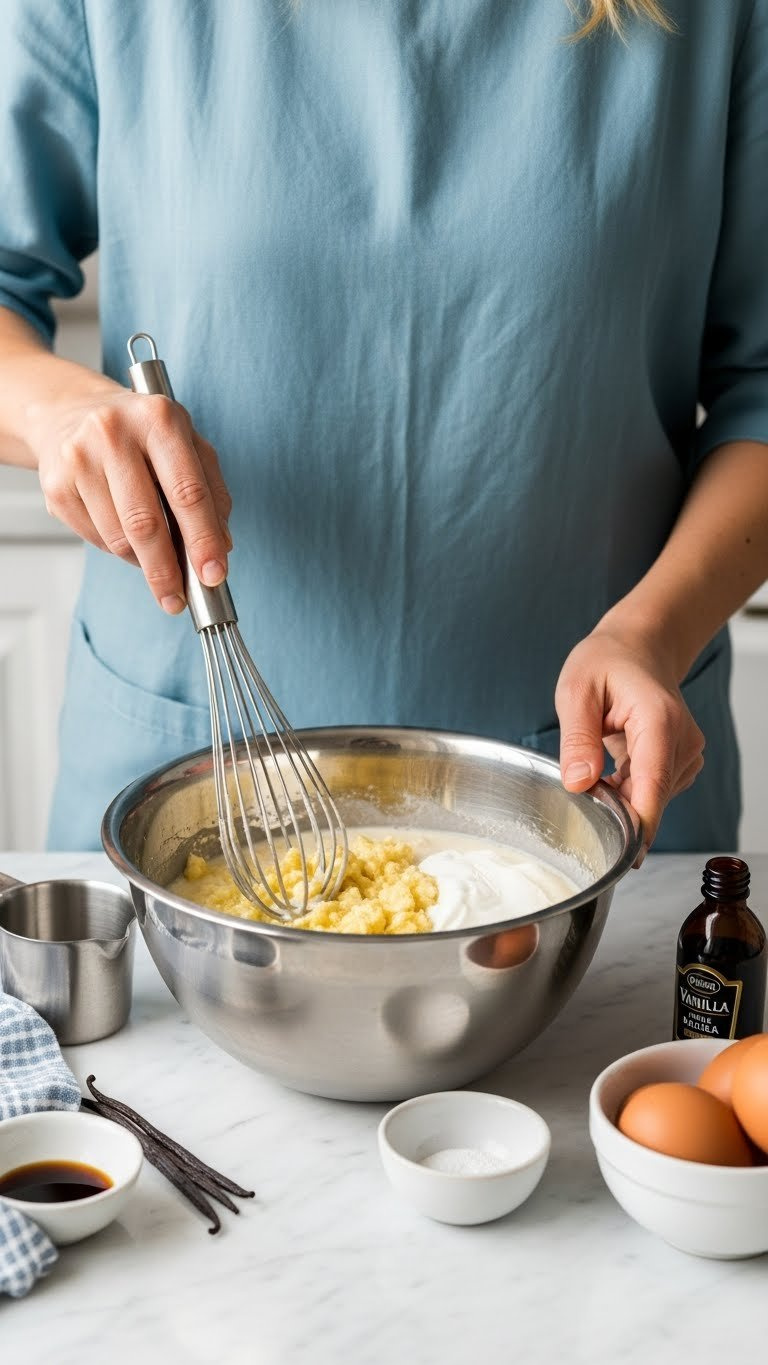 Stainless Steel Bowl With Mashed Banana Wet Ingredients Being Whisked On Marble Countertop For Healthy Banana Bread Recipe