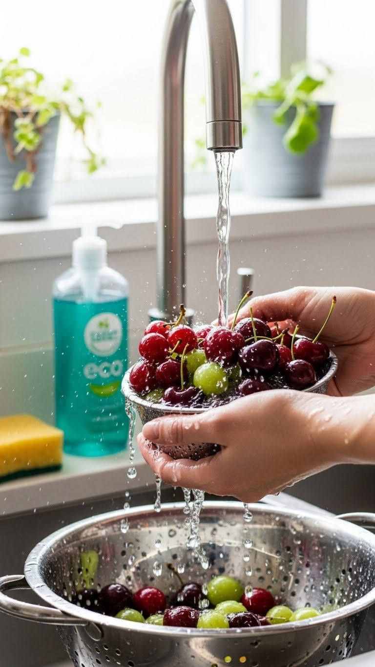 Stainless Steel Colander Holding Vibrant Fruits Under Clear Running Water After Baking Soda Wash Treatment.