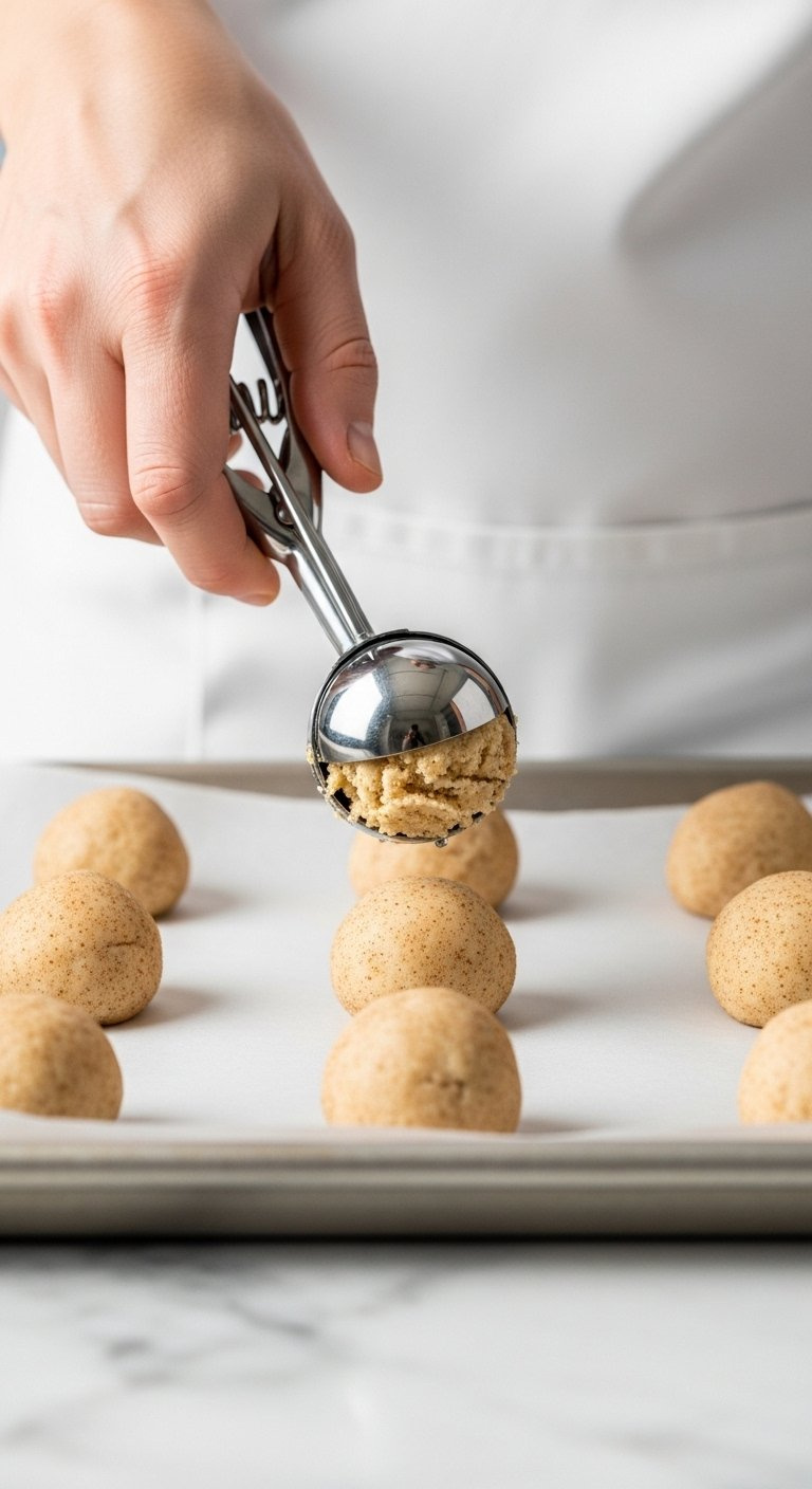Stainless Steel Cookie Scoop Holding Portioned Snickerdoodle Dough Over A Parchment Lined Baking Sheet.