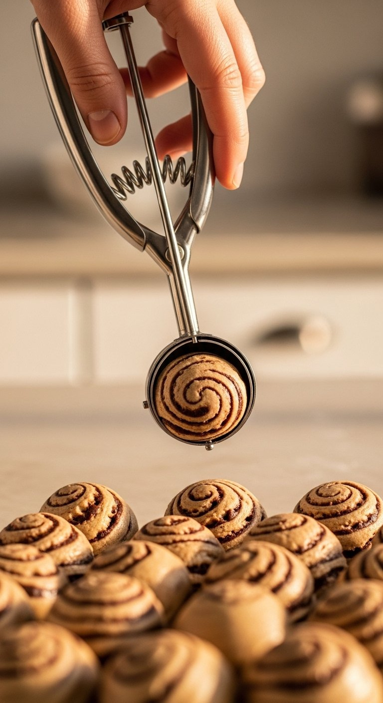 Stainless Steel Cookie Scoop Releasing A Perfect Ball Of Chocolate Marshmallow Swirl Dough On A Kitchen Counter.