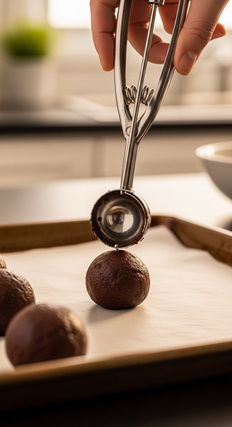 Stainless Steel Cookie Scoop Releasing A Perfectly Round Ball Of Rich Brownie Dough Onto A Parchment-Lined Sheet.