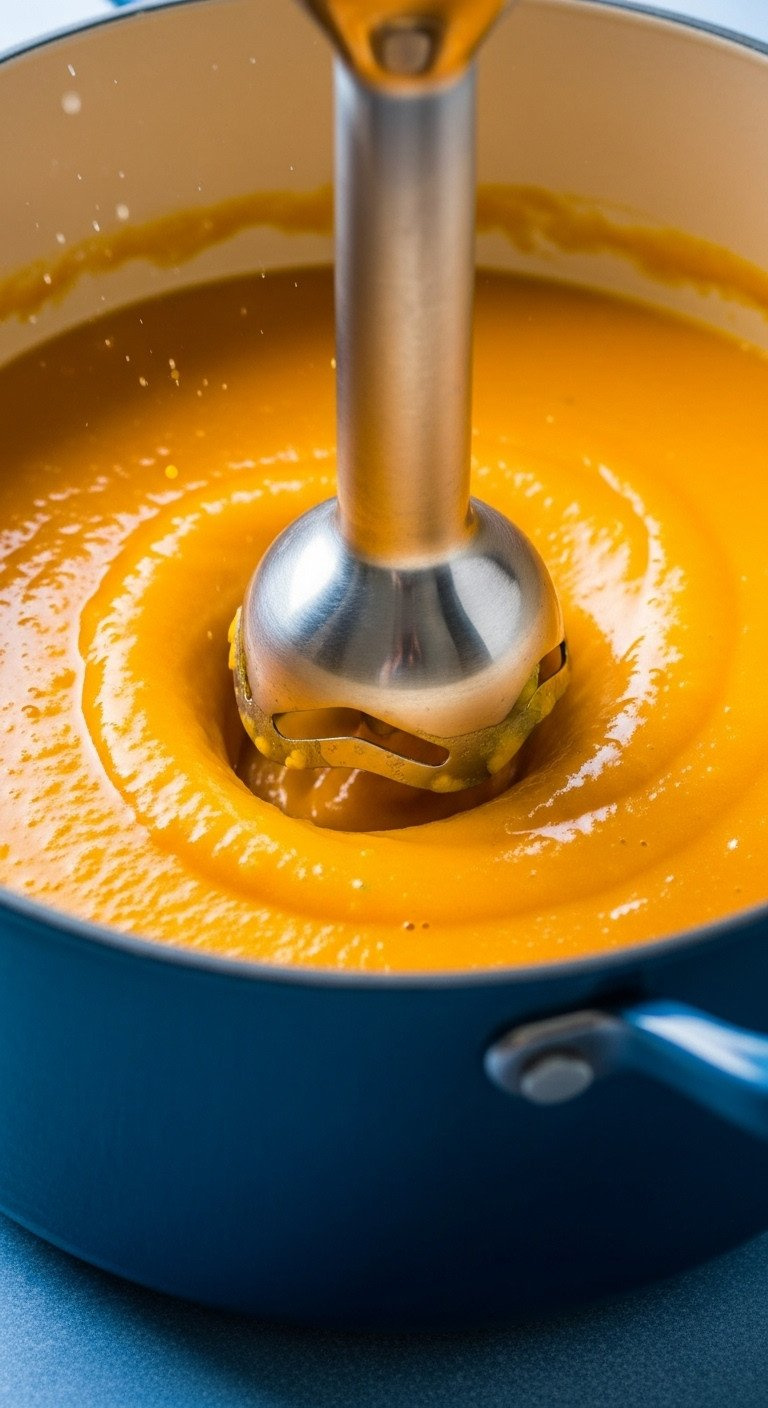 Stainless Steel Immersion Blender Head Submerged In Vibrant Orange Pumpkin Soup, Creating A Smooth Vortex While Puréeing. Dynamic Recipe Step.
