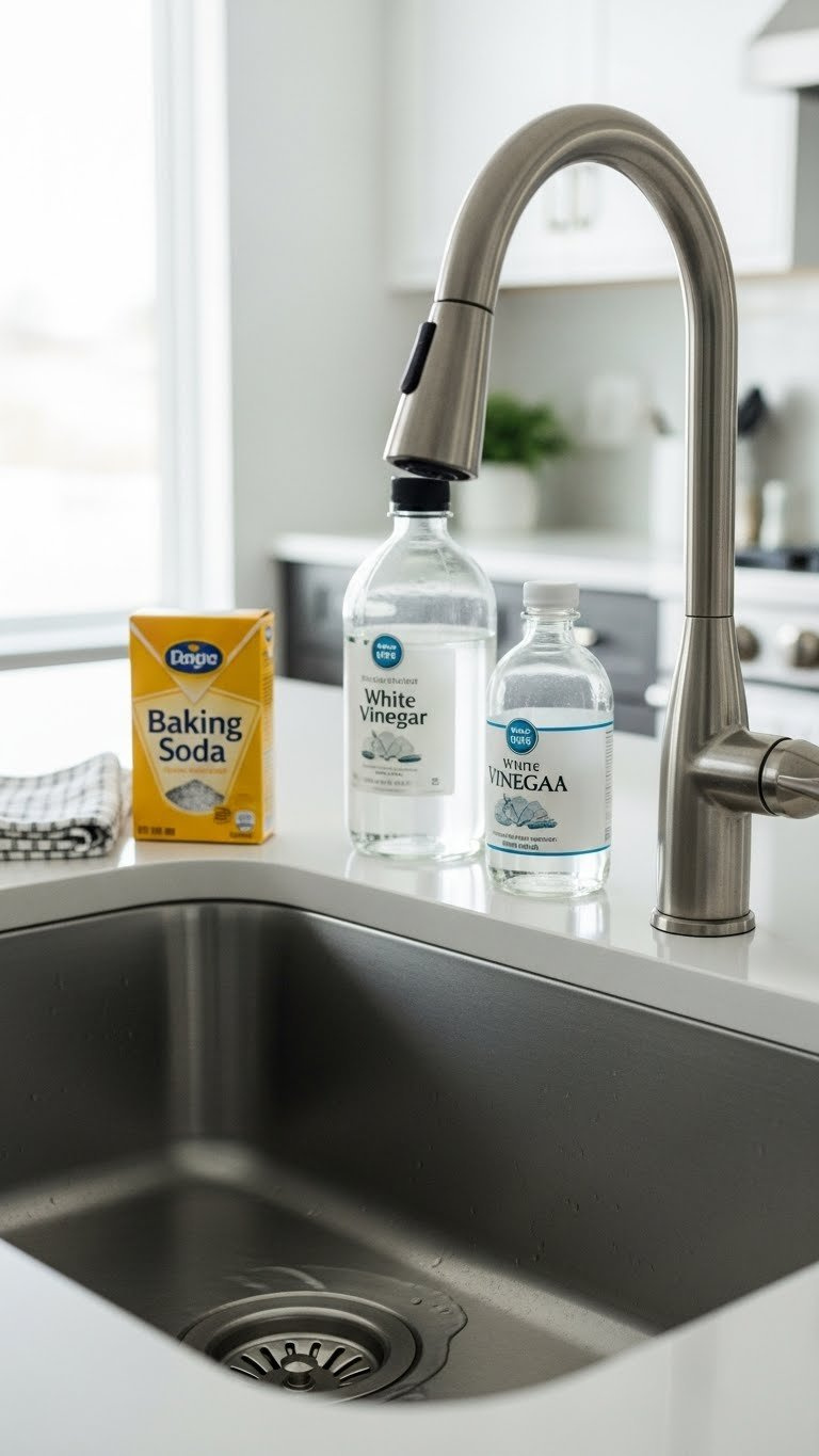 Stainless Steel Kitchen Sink With Slow Drain And Natural Cleaning Ingredients Baking Soda And Vinegar On Polished Countertop