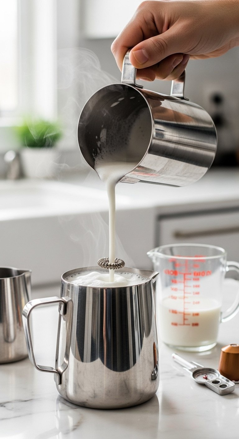 Stainless Steel Milk Frother Creating Silky Microfoam In A Pitcher On A White Marble Countertop.