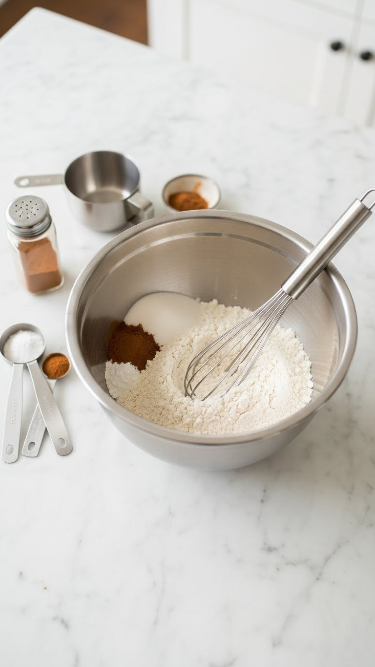 Stainless Steel Mixing Bowl Filled With Dry Baking Ingredients Including Flour, Sugar, Cinnamon And Baking Powder