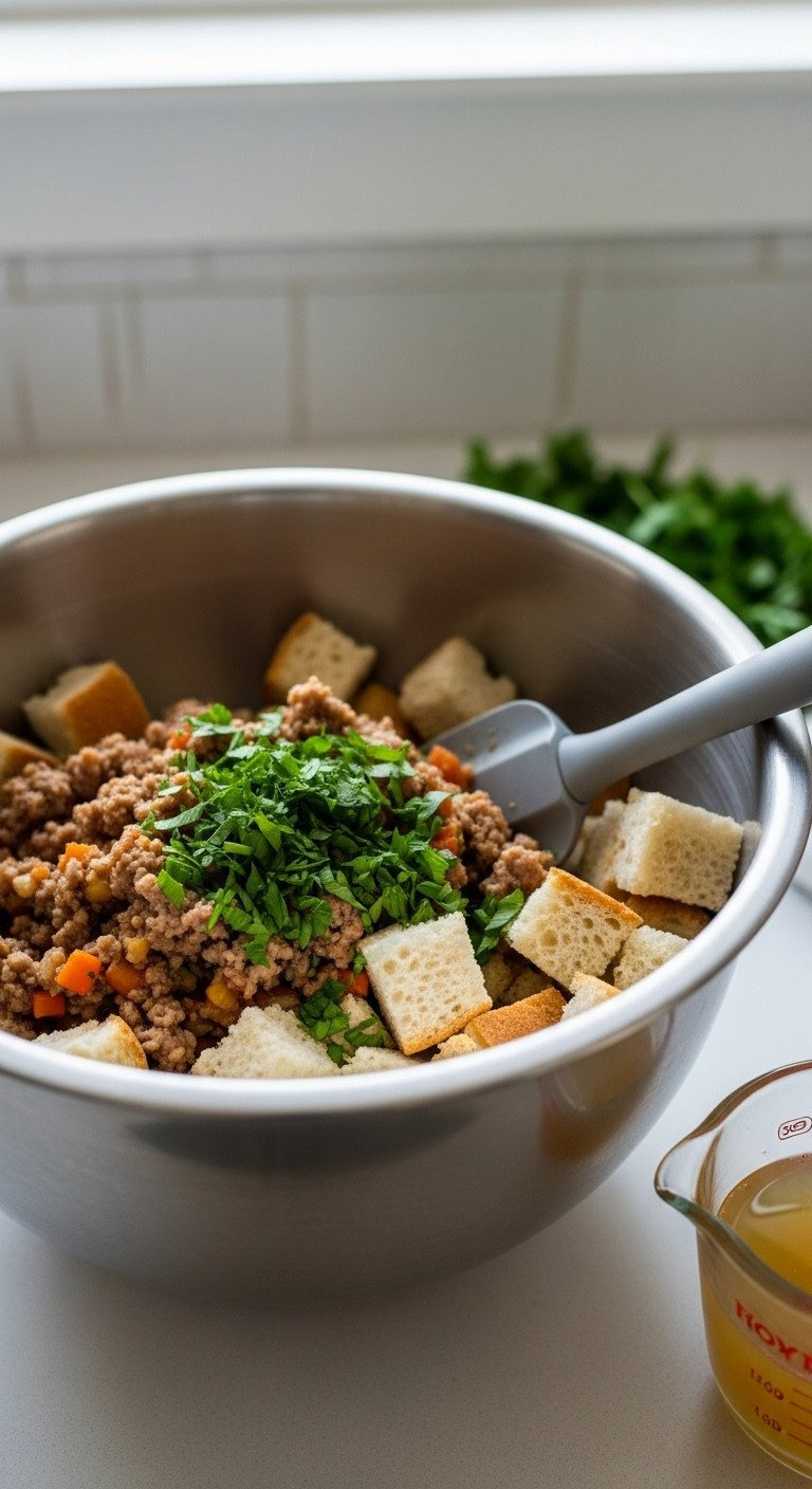 Stainless Steel Mixing Bowl Filled With Dry Bread Cubes, Cooked Sausage, Vegetables, And Fresh Parsley, Ready For Broth.