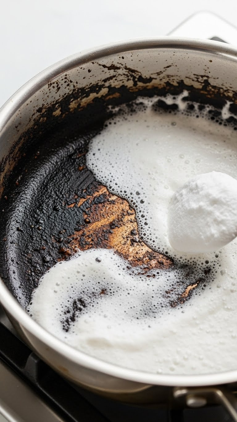 Stainless Steel Pot With Burnt Food Being Treated With Bubbling Peroxide Baking Soda Cleaning Paste