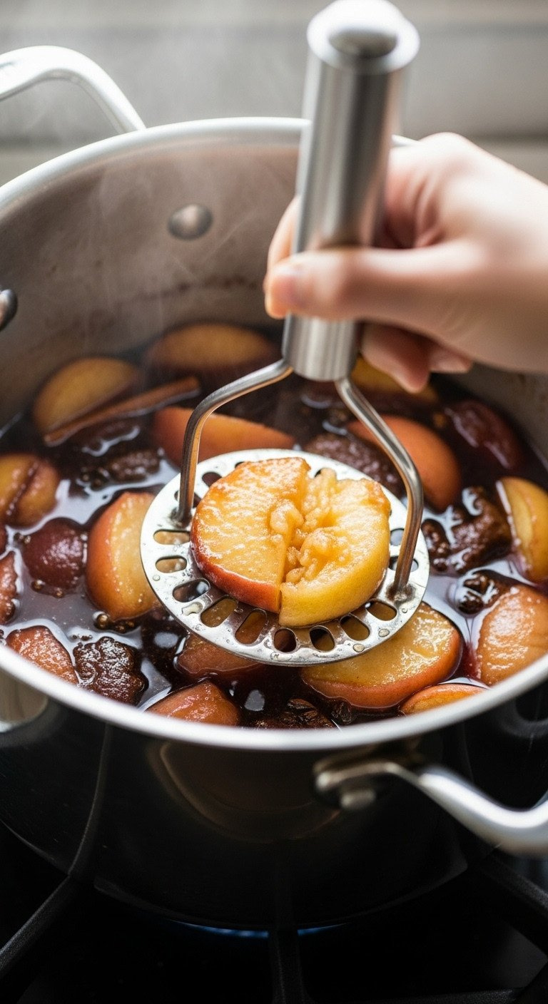 Stainless Steel Potato Masher Pressing Into Soft Cooked Apples In A Pot, Releasing Juices For Cider Or Applesauce.