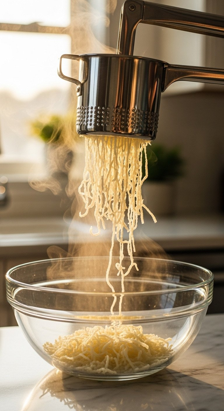 Stainless Steel Potato Ricer Extruding Fluffy, Steamy Riced Potatoes Into A Glass Bowl On A Marble Counter.