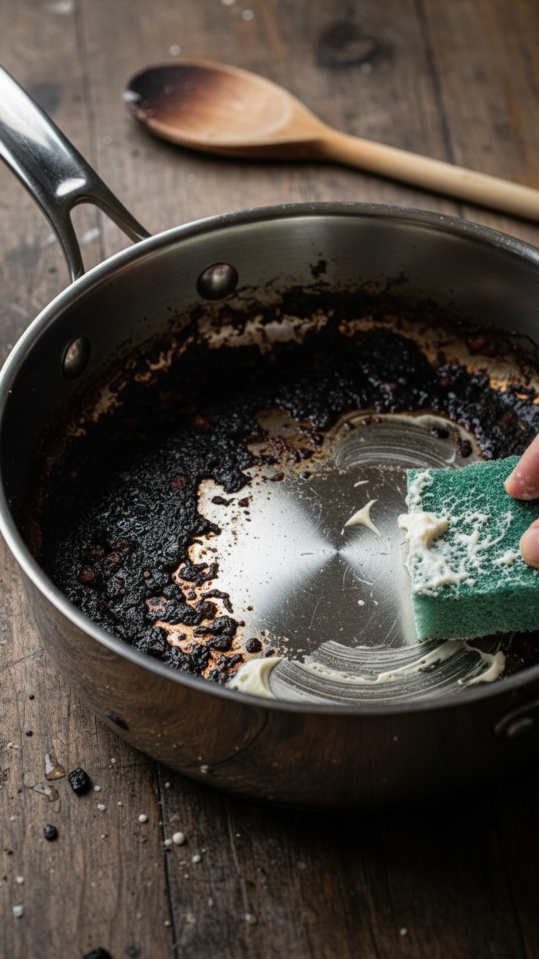 Stainless Steel Saucepan With Burnt-On Food Being Scrubbed Clean, Showing Dramatic Transformation From Charred To Shiny Surface.